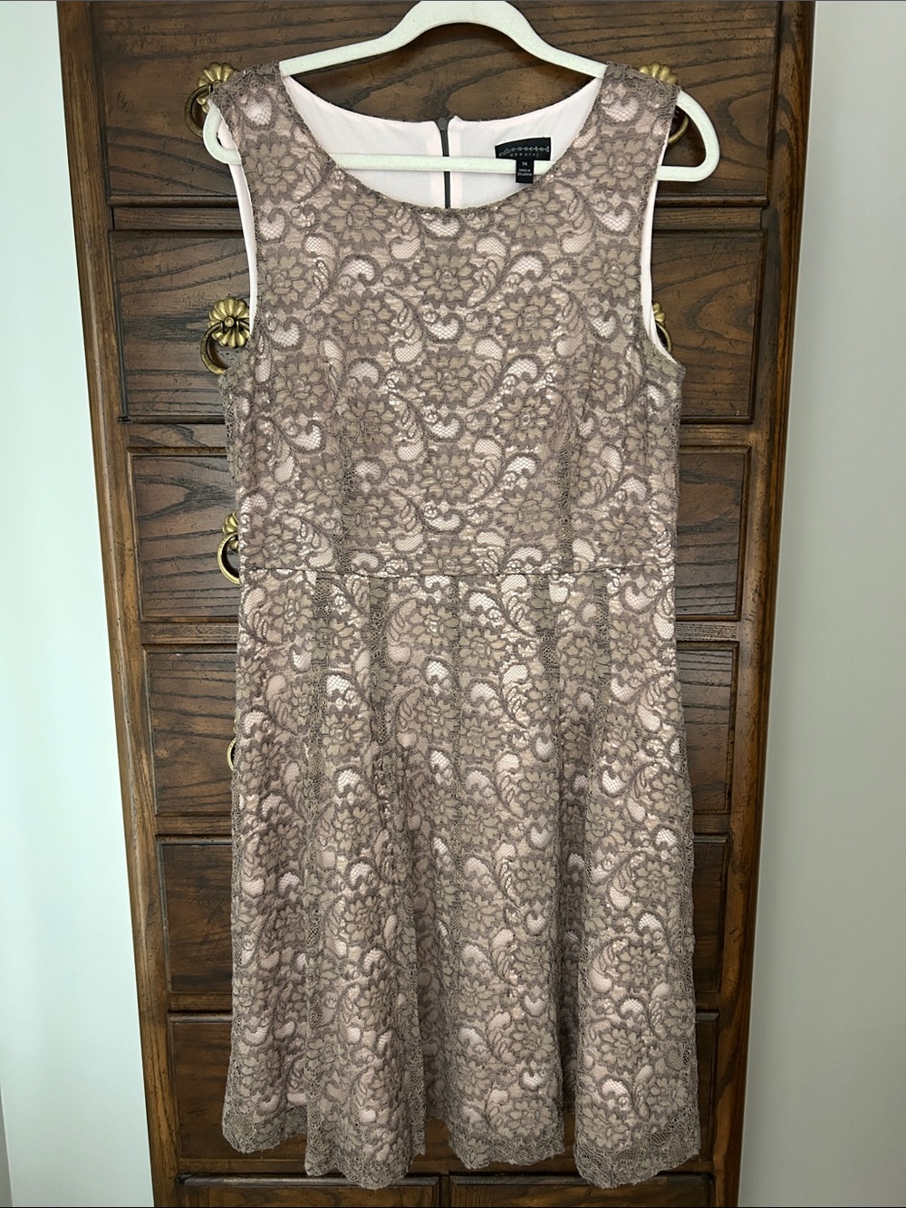 connected apparel Blush and Taupe Lace-Overlay Midi Dress